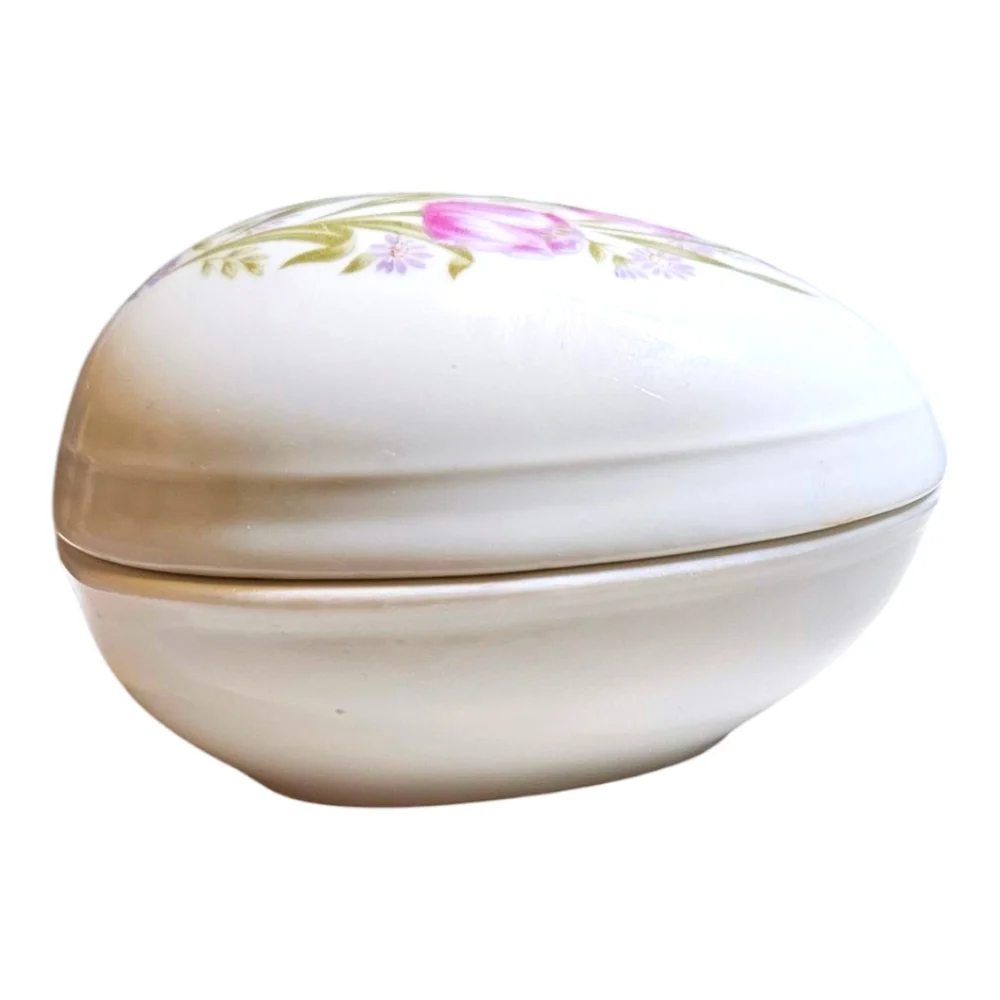 VTG Lefton Hand Painted Ceramic Porcelain Egg Trinket Jewlery Dish Purple Roses